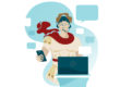 Collage aus Mann mit rotem Schal, Lorbeerenkranz, Handy und Laptop - Maklermythen