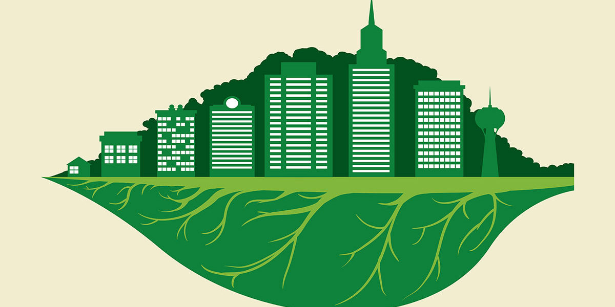 Collage aus einer grünen Stadt und einem Pflanzenblatt - ESG und Eigentümer