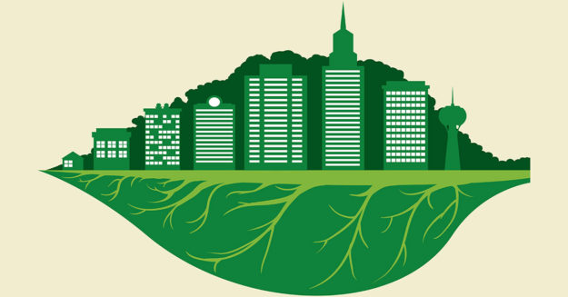 Collage aus einer grünen Stadt und einem Pflanzenblatt - ESG und Eigentümer