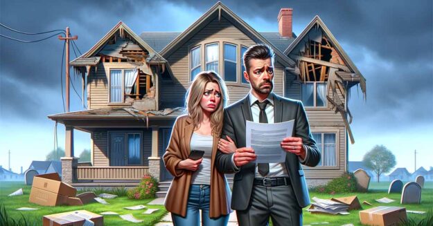 Ein Paar steht vor einem kaputten Einfamilienhaus und bereut, Fehler beim Immobilienkauf gemacht zu haben | Fehler Immobilienverkauf