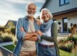 Vor einem Einfamilienhaus steht ein glückliches Seniorenpaar | Immobilienverrentung