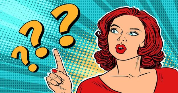 Eine Illustration im Popart Stil von einer Frau die den Zeigefinger hebt und drei Fragenzeichen, die zeigen, dass ihr Fragen zum Immobilienkauf eingefallen sind | Immobilie kaufen