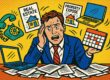 Ein vom Immobilienverkauf überforderter Eigentümer, um den Unterlagen, Laptop, Kalender, Telefon, Exposés fliegen als Zeichen der Überforderung | Immobilienverkauf