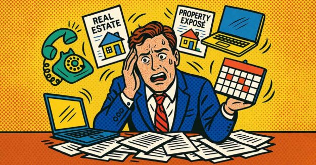 Ein vom Immobilienverkauf überforderter Eigentümer, um den Unterlagen, Laptop, Kalender, Telefon, Exposés fliegen als Zeichen der Überforderung | Immobilienverkauf