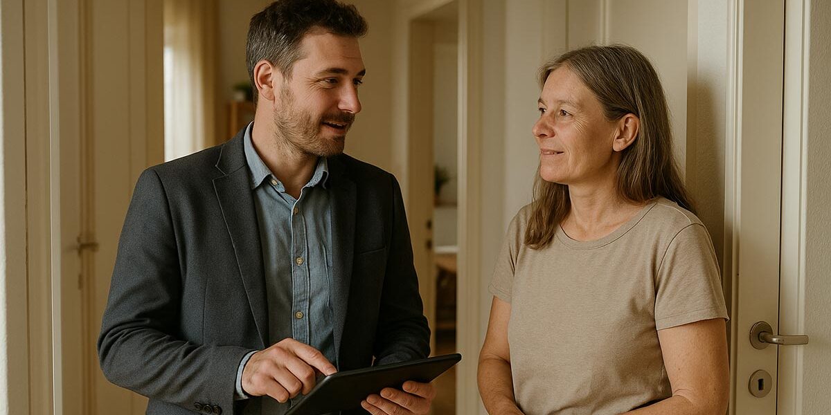 Online Bewertung vs. Makler Ein Makler in einem Beratungsgespräch mit einer Interessenten oder potenziellen Verkäuferin oder Eigentümerin