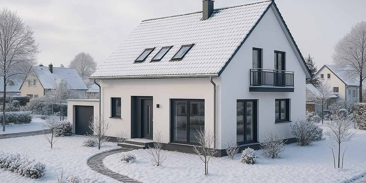 Immobilienverkauf Modernes Einfamilienhaus in verschneiter Winterlandschaft; symbolisiert den Immobilienverkauf in der kalten Jahreszeit und die Chancen einer gelungenen Präsentation im Winter. | Immobilienverkauf