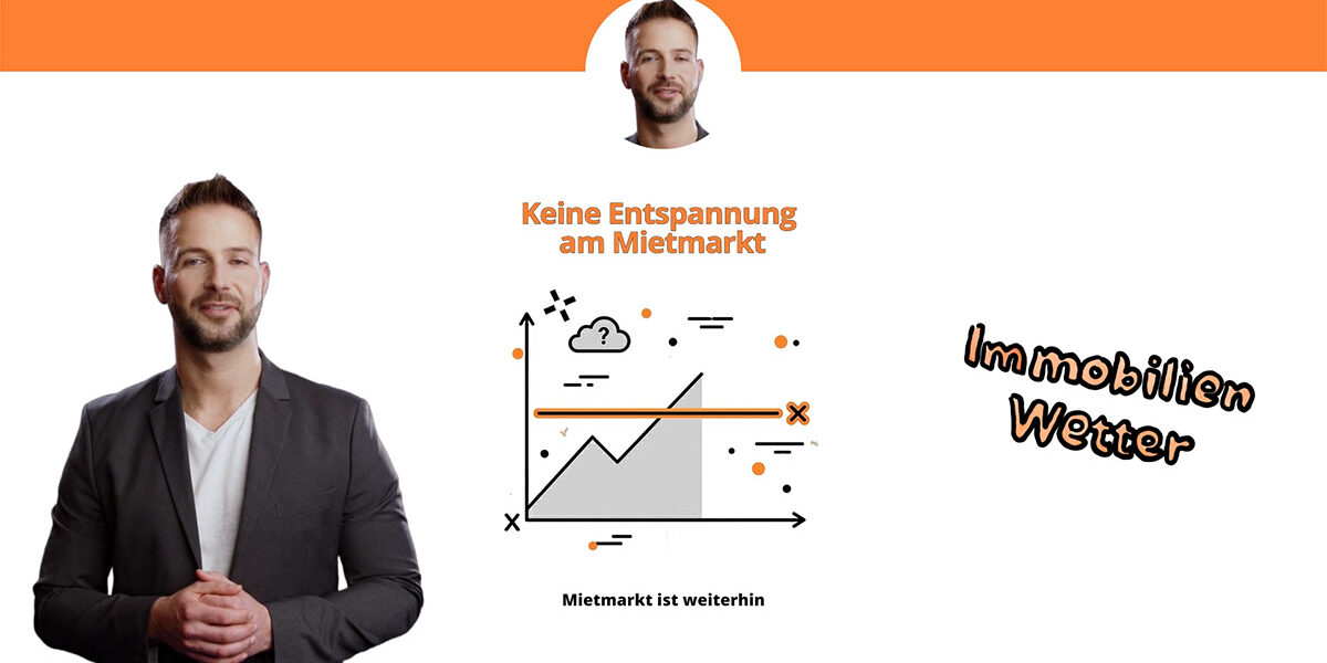 Standbild aus dem Video: Grafische Darstellung mit stilisierter Stadtsilhouette und Wohnhäusern unter einem wechselhaften Himmel, darüber eingeblendeter Titel „Immobilien-Wetter“. Immobilienmarkt