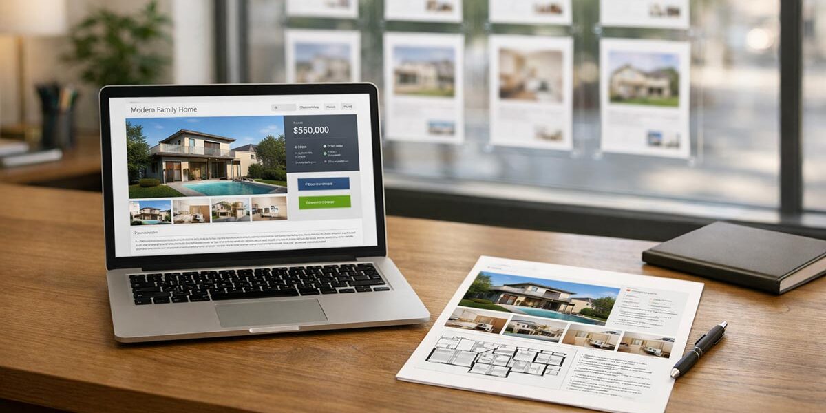 Immobilienverkauf Laptop mit geöffnetem Immobilienexposé auf einem Schreibtisch, daneben ein ausgedrucktes Exposé mit Grundriss; im Hintergrund sind im Schaufenster eines Maklerbüros weitere Immobilienangebote zu sehen – Symbol für die Kombination aus Online- und Offline-Vermarktung. | Immobilienverkauf