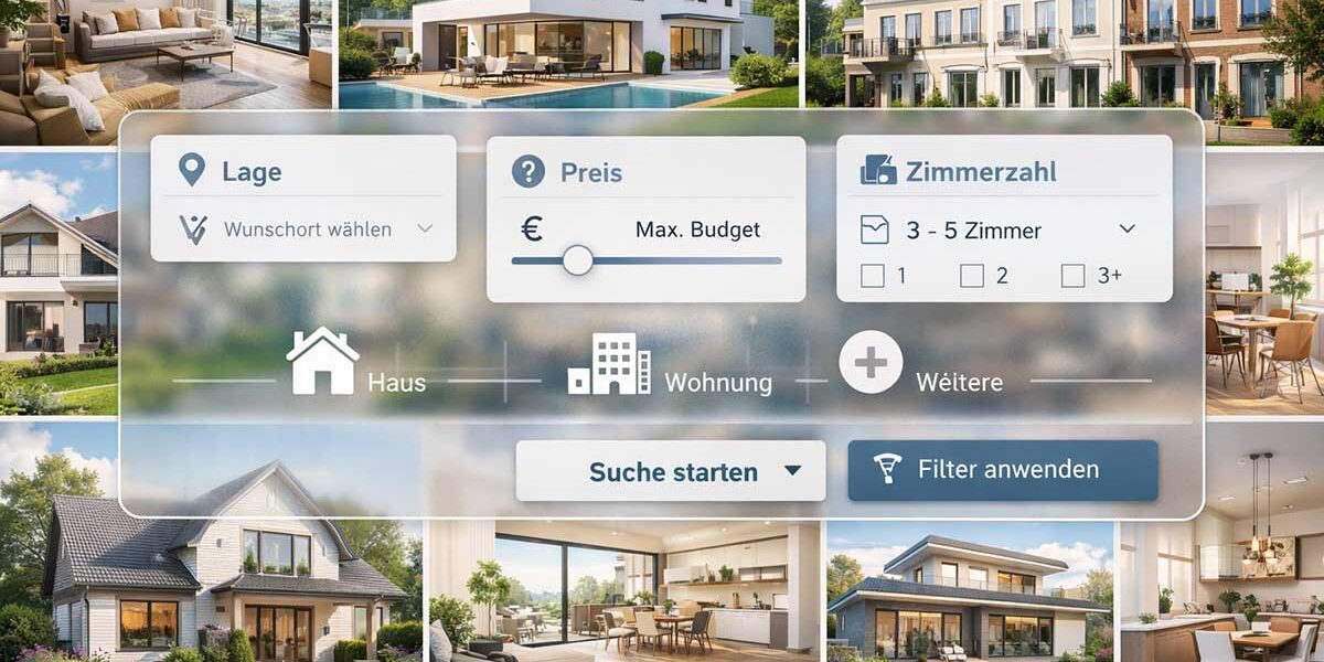 Visuelle Collage aus hochwertigen Fotografien verschiedener Immobilien, darunter moderne Wohnungen, Einfamilienhäuser und Stadthäuser in heller, freundlicher Atmosphäre. Über der Collage liegt eine halbtransparente digitale Suchoberfläche mit stilisierten Filterfeldern und Icons. In der Suchmaske sind Begriffe wie ‚Lage‘, ‚Preis‘ und ‚Zimmerzahl‘ hervorgehoben, ergänzt durch grafische Elemente wie Schieberegler, Kartenmarkierungen und Auswahlkästchen. Die Gesamtwirkung ist modern, professionell und technisch-digital, mit klarer, aufgeräumter Ästhetik und harmonischer Farbgebung. - Als Symbolbild für Suchauftrag beim Immobilienmakler.| Immobilienkauf