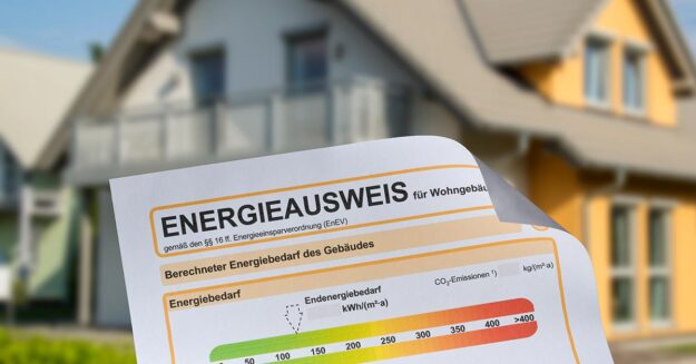 Energieausweis Ansicht eines Energieausweises, im Hintergrund ein Einfamilienhaus | Energieausweis