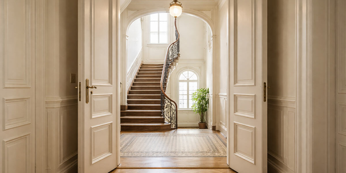 Helle, Altbau-Eigentumswohnung in einem gepflegten Mehrfamilienhaus, Blick vom Flur der Wohnung durch eine offene Altbau-Wohnungstür in ein sauberes, Altbau-Treppenhaus, viel natürliches Tageslicht, aufgeräumt und hochwertig, professionelle Immobilienfotografie, realistisch, hohe Auflösung, weiche Lichtstimmung | Immobilienverkauf