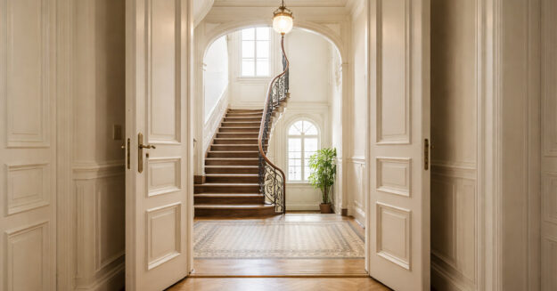 Immobilienverkauf Helle, Altbau-Eigentumswohnung in einem gepflegten Mehrfamilienhaus, Blick vom Flur der Wohnung durch eine offene Altbau-Wohnungstür in ein sauberes, Altbau-Treppenhaus, viel natürliches Tageslicht, aufgeräumt und hochwertig, professionelle Immobilienfotografie, realistisch, hohe Auflösung, weiche Lichtstimmung | Immobilienverkauf